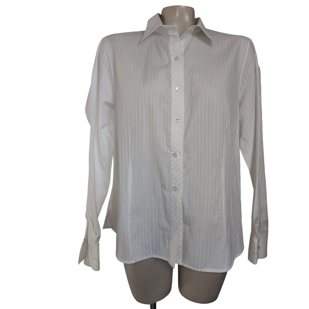FOXCROFT Wrinkle Free White Striped Button Down Long Sleeve‎ Shirt Womens Size M